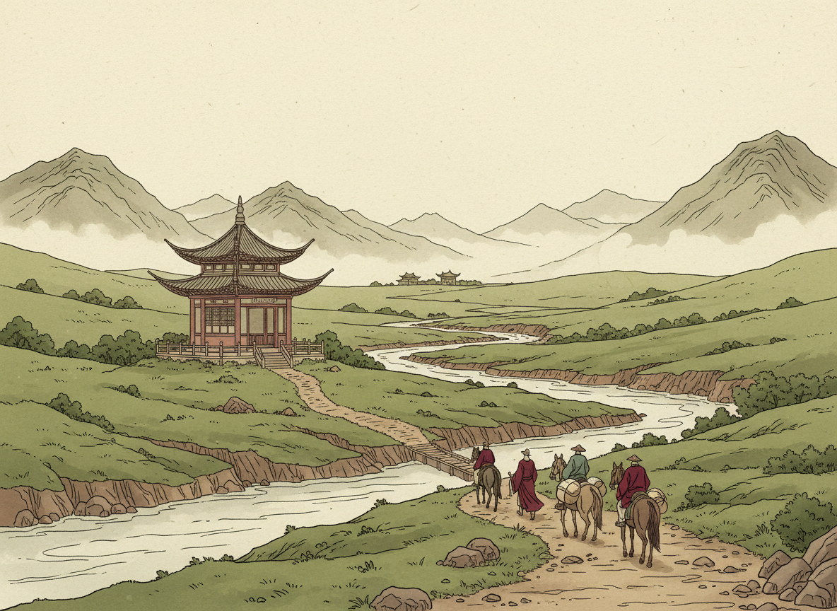 Illustration originale en style bande dessinée historique d’un paysage de la Chine des Han : vaste vallée verdoyante traversée par une rivière, montagnes brumeuses en arrière-plan, pavillon traditionnel chinois, quelques voyageurs et chevaux sur une route ancienne, ambiance évocatrice de la Route de la Soie et de l’âge d’or des Han. Composition élégante et lisible, sans texte ni éléments modernes, tons ivoire et brun désaturés, accents bordeaux mesurés, lumière diffuse, texture légère de papier, atmosphère calme et éditoriale, adaptée à un article d’histoire.